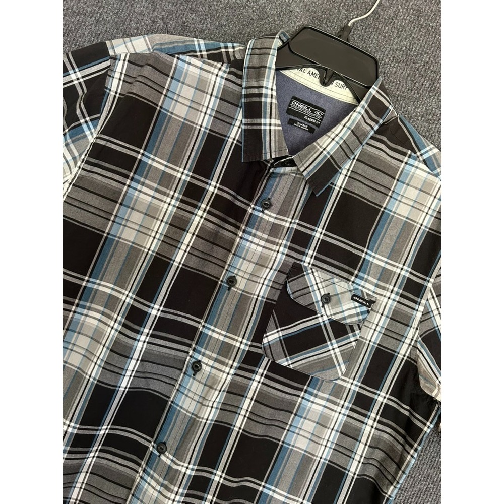 O'Neill Classic Fit Men's XL Shirt Black Blue Plaid Check Short Sleeve Preppy